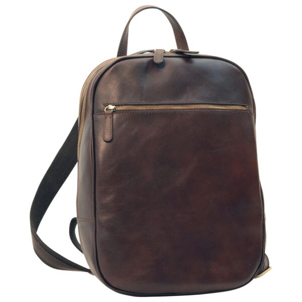 Dark brown full-grain leather backpack with gold front zipper and top handle — unisex professional laptop travel bag`