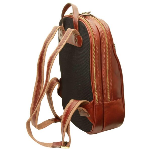 Brown leather backpack with gold-tone zippers, adjustable shoulder straps, and a textured black back panel, shown from the back angle on a white background