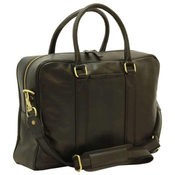 A dark brown leather briefcase with two rounded top handles, brass hardware, and a detachable padded shoulder strap against a white background.