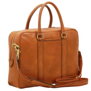 A tan leather briefcase with two rounded top handles and a detachable shoulder strap, featuring gold-tone metal hardware and a structured rectangular design against a plain white background.