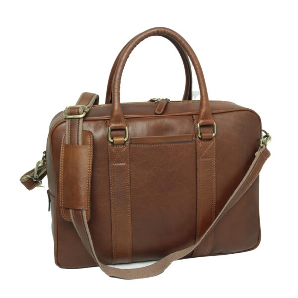 A brown leather briefcase featuring rounded top handles, brass-tone hardware, and a matching detachable shoulder strap with a padded leather section, shown against a plain white background.