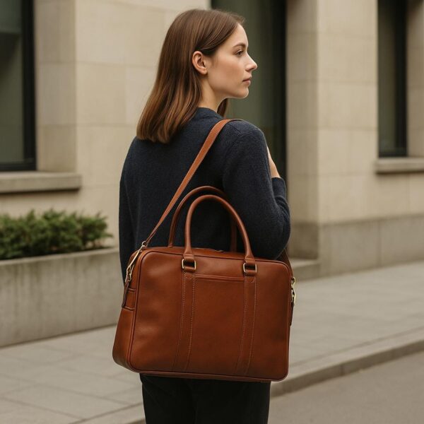 A woman with long brown hair stands on a paved European street, holding a small tan leather satchel. She is wearing a dark blue knit sweater and dark trousers, looking off-camera. The background features classical stone architecture with green window boxes. The text overlay details the bag's features and dimensions.