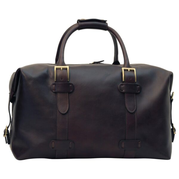 Front view of Dark Brown Leather Duffel Bag - Luxury Travel Weekender with Brass Buckles - Amaz1a Premium Collection