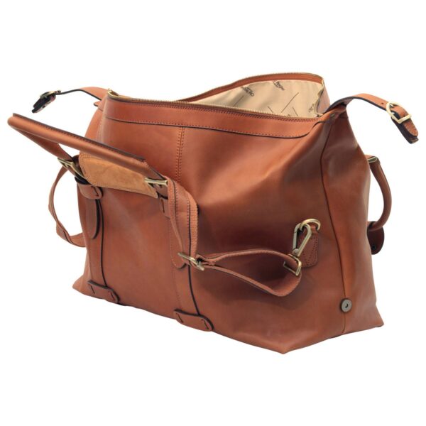 Open Brown Leather Weekender Bag - Wide Top Zip Access and Inner Lining Detail - Amaz1a Duffel
