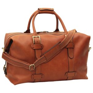 Front view of Brown Leather Weekender Bag with Adjustable Shoulder Strap - Large Travel Duffel - Amaz1a