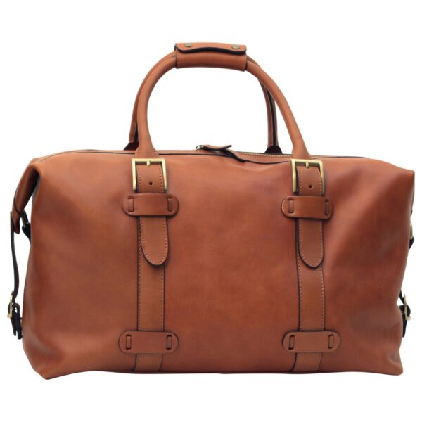 Full front view of Brown Leather Weekender Bag - Elegant Duffel with Double Top Handles - Amaz1a Premium Travel Gear