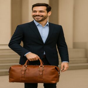 Handmade full-grain calfskin leather duffel bag in brown – luxury travel weekender for men