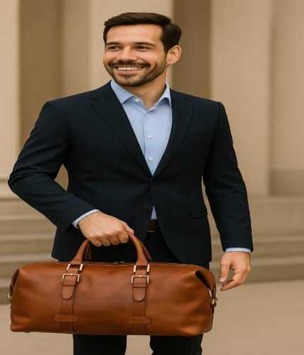 Handmade full-grain calfskin leather duffel bag in brown – luxury travel weekender for men