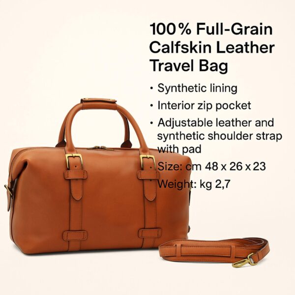 Technical Specifications and Size Guide for Brown Leather Travel Bag - 100% Full-Grain Calfskin Details - Amaz1a