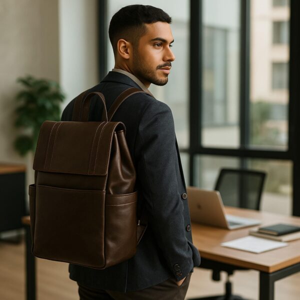 A man in a dark blazer wearing a premium brown leather backpack, looking away from the camera in a modern office setting.