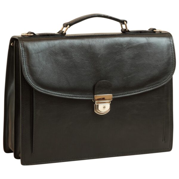 A black, structured leather briefcase featuring a subtle sheen, a top handle, and a polished silver-tone push-lock closure on the front flap, showing its multi-compartment gusseted design.