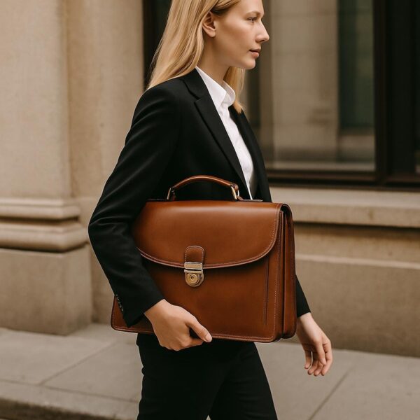 A professional woman with blonde hair walks past a stone building, wearing a sharp black blazer and white collared shirt. She is carrying a classic tan leather briefcase with a top handle and a prominent gold-tone metal clasp.