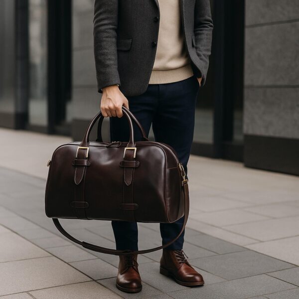A person dressed in a grey blazer, beige sweater, and navy trousers holding a large, dark brown leather weekender bag with gold hardware while standing on a paved walkway.