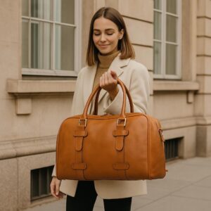 Luxury full-grain leather weekender bag handmade in Italy for travel