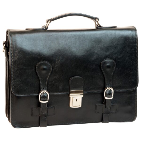 A front view of a black leather briefcase with a smooth finish, featuring a top carrying handle, two vertical leather straps with silver-tone buckles, and a central silver-tone metal clasp with a keyhole.