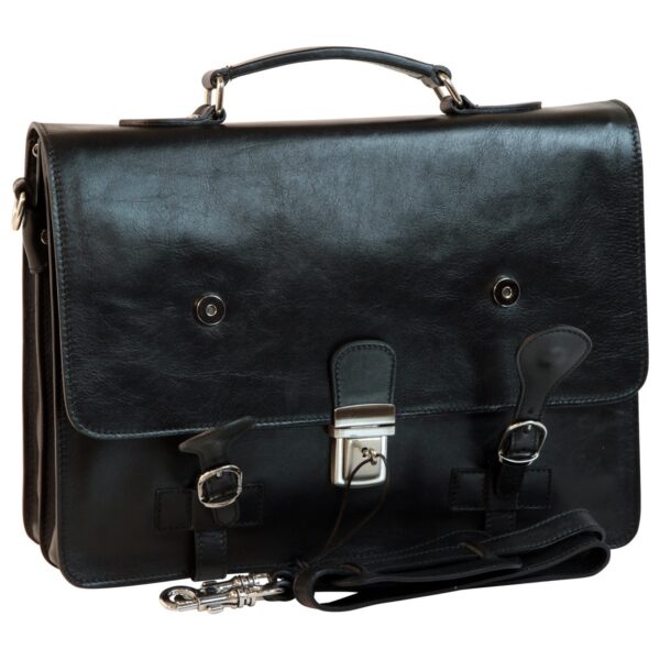 A front view of a black leather briefcase featuring a top handle, a central silver-tone lock with a key, and two decorative buckle straps. The detachable leather shoulder strap with metal lobster clasps is shown lying at the base.