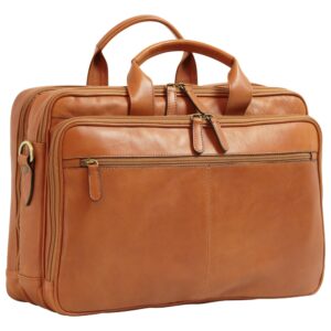 Front view of a tan leather briefcase with double top handles, multiple zippered compartments, and a horizontal zippered front pocket with brass hardware.