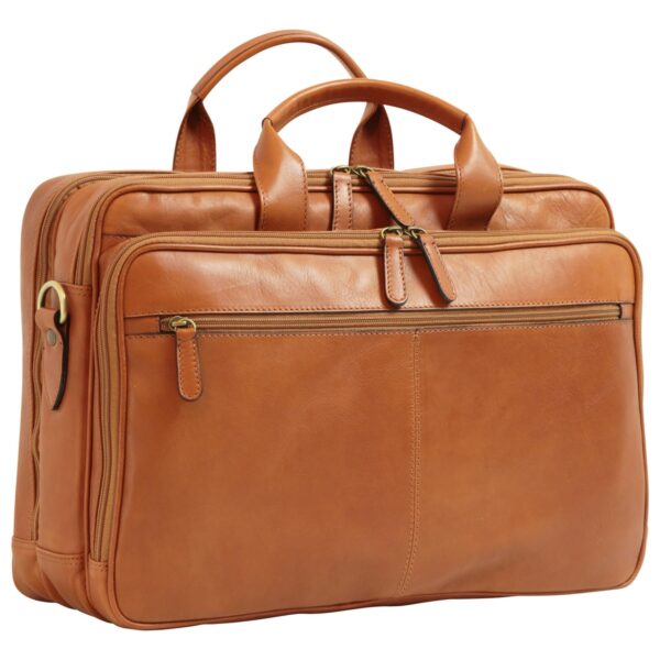 Front view of a tan leather briefcase with double top handles, multiple zippered compartments, and a horizontal zippered front pocket with brass hardware.