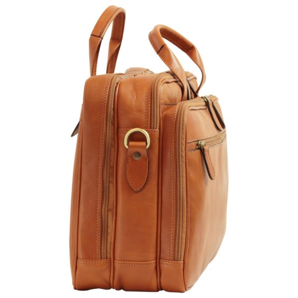 Side view of a tan leather briefcase featuring double top handles, multiple zippered compartments, and a brass D-ring for a shoulder strap.
