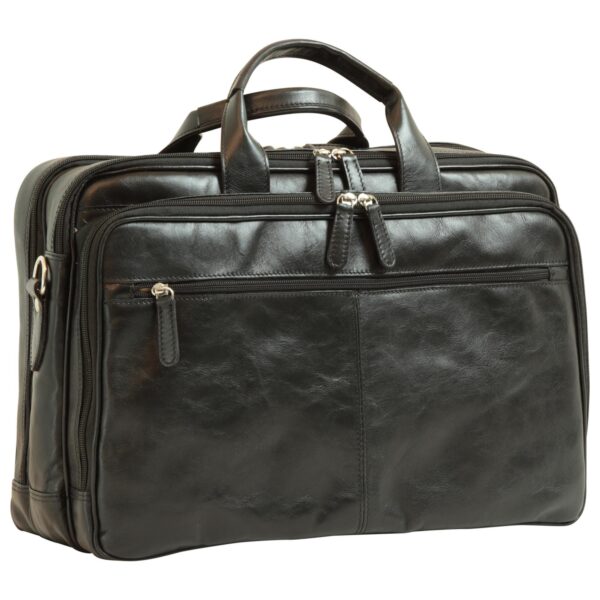 Front view of a black leather briefcase with double top handles, featuring multiple zippered compartments and a horizontal zippered front pocket with silver-tone hardware.