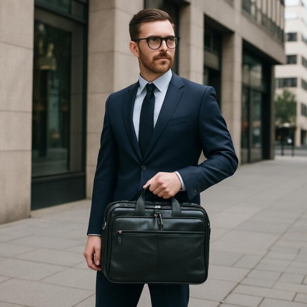 A man in a navy blue suit and glasses standing on a city sidewalk, holding a black leather briefcase with double top handles and multiple zippered compartments.