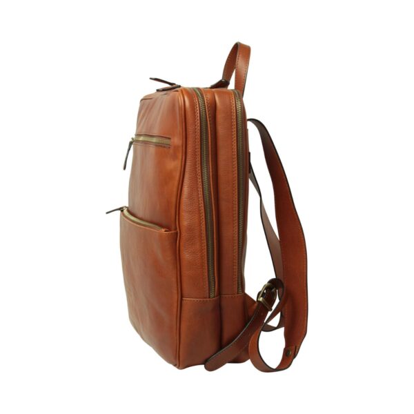 `Tan genuine leather laptop backpack with antique gold zippers, front zip pocket, adjustable shoulder straps and top carry handle, side angle view`