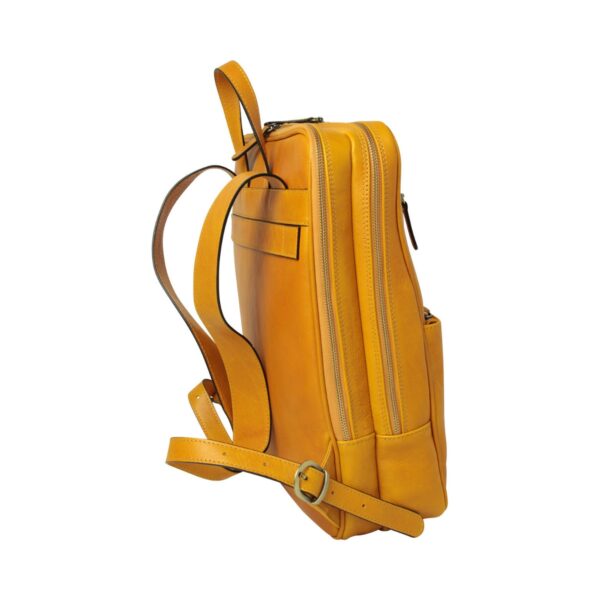 `Yellow mustard genuine leather laptop backpack with antique gold double zippers, front zip pocket, adjustable shoulder straps and top carry handle, side angle view`
