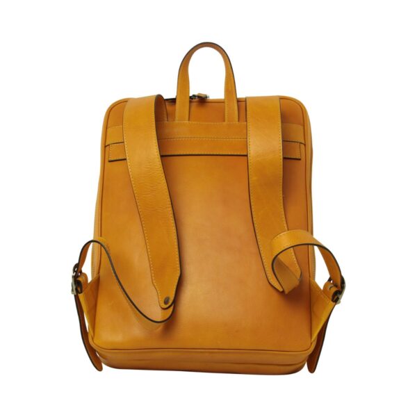 `Yellow mustard genuine leather backpack back view showing padded shoulder straps, top carry handle, antique gold hardware and side zip pockets`