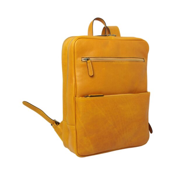 `Yellow mustard genuine leather laptop backpack with antique gold top and front zip pockets, large front pocket, side zipper, adjustable shoulder straps and top carry handle, front angle view`