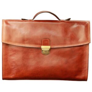 Tan brown full-grain Italian leather briefcase with brass turn-lock clasp and top handle — men's executive lawyer work bag`