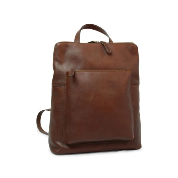 A sleek, brown leather backpack with a minimal design, featuring a large zippered front pocket, a top carry handle, and brass-tone hardware, isolated on a white background.