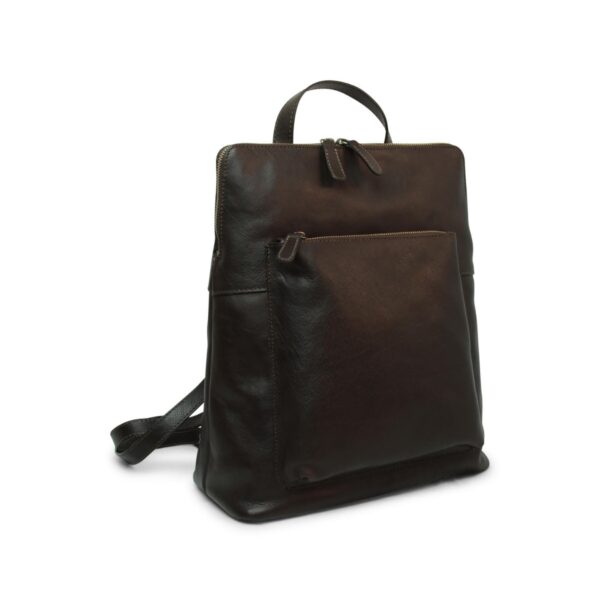 A sleek, dark brown leather backpack with a minimal design, featuring a large zippered front pocket, a top carry handle, and subtle metal hardware, isolated on a white background.