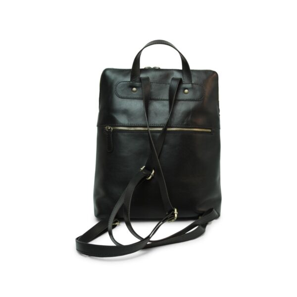 Black leather backpack with zipper pocket, minimalist design, premium quality