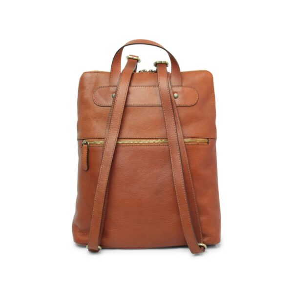 Tan leather backpack shown from the back with adjustable shoulder straps, a gold-tone exterior zip pocket, and a top carry handle, on a white background