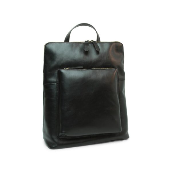 A sleek, black leather backpack with a minimal design, featuring a large zippered front pocket, a top carry handle, and double zippers for the main compartment, isolated on a white background.