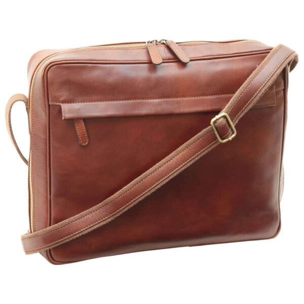 Large tan full-grain Italian leather messenger bag with brass buckle adjustable strap and back slip pocket — men's professional laptop bag`