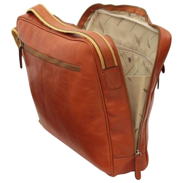 Tan full-grain leather messenger bag open showing interior compartments and lining — men's professional laptop shoulder bag`