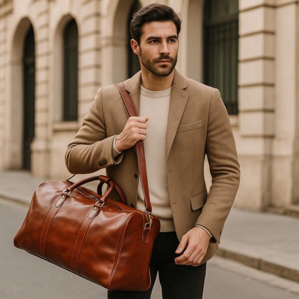 A well-dressed man walks down a European-style city street, carrying a **large chestnut-brown leather duffel bag** by its shoulder strap. He is wearing a **tan wool blazer** over a cream-colored sweater and dark trousers. The background features elegant, classic architecture with arched windows and stone facades.