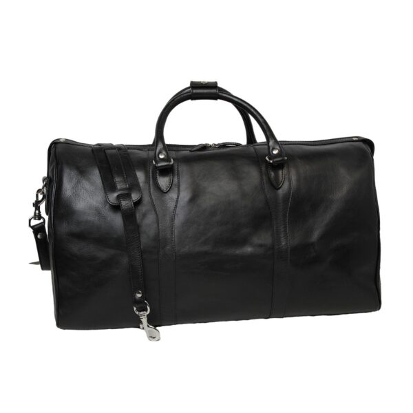 A large, black leather duffel bag with a smooth, polished finish, featuring two rounded top handles and a detachable shoulder strap with silver-toned metal hardware.