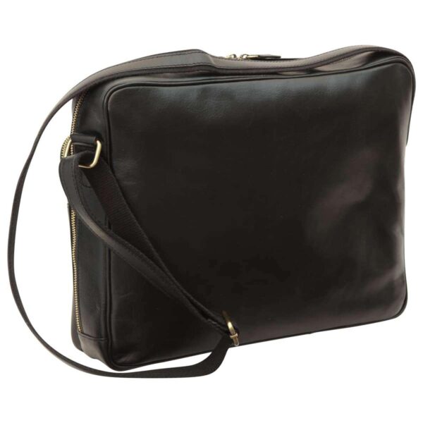 A front-angled view of a black leather briefcase-style bag with a clean, minimalist front panel and piped edges. It features a top zipper closure and a matching adjustable shoulder strap attached with brass-toned hardware.