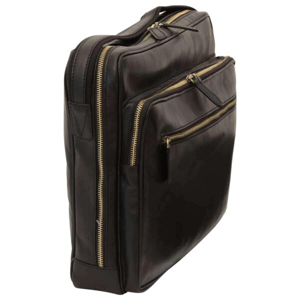 Dark brown genuine leather multi-compartment briefcase with gold-tone zippers and top handle, professional laptop bag side view