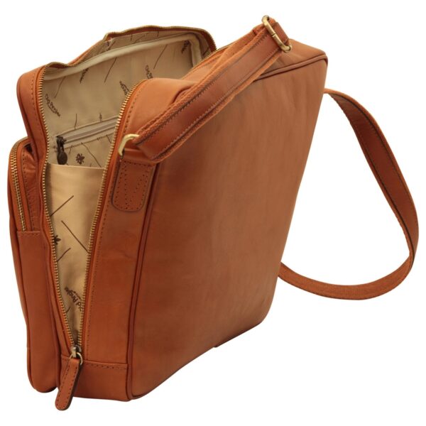 Open tan genuine leather messenger bag with gold-tone hardware and adjustable shoulder strap, featuring a patterned beige fabric interior, interior zip pocket, and side exterior pockets