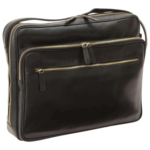 `Black genuine leather laptop messenger bag with antique gold zippers, dual front zip compartments, top carry handle and adjustable shoulder strap, front angle view`