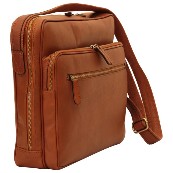`Tan genuine leather multi-compartment messenger bag with antique gold zippers, front zip pocket, adjustable canvas shoulder strap and top carry handle, side angle view`