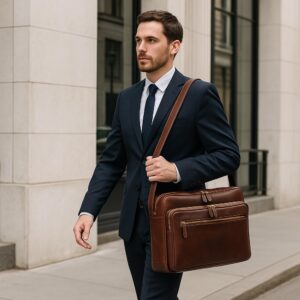 Luxury full-grain leather shoulder bag for women – professional, travel-ready, adjustable strap and padded laptop compartment