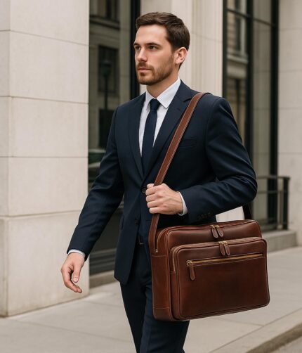 Luxury full-grain leather shoulder bag for women – professional, travel-ready, adjustable strap and padded laptop compartment