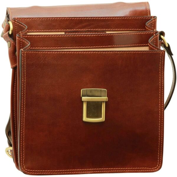 `Dark tan genuine leather flap messenger bag with large antique gold push-lock closure, multiple compartments and adjustable shoulder strap, front view`