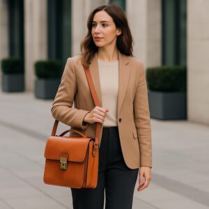 Italian full-grain leather satchel – luxury travel bag with adjustable strap and organized interior compartments