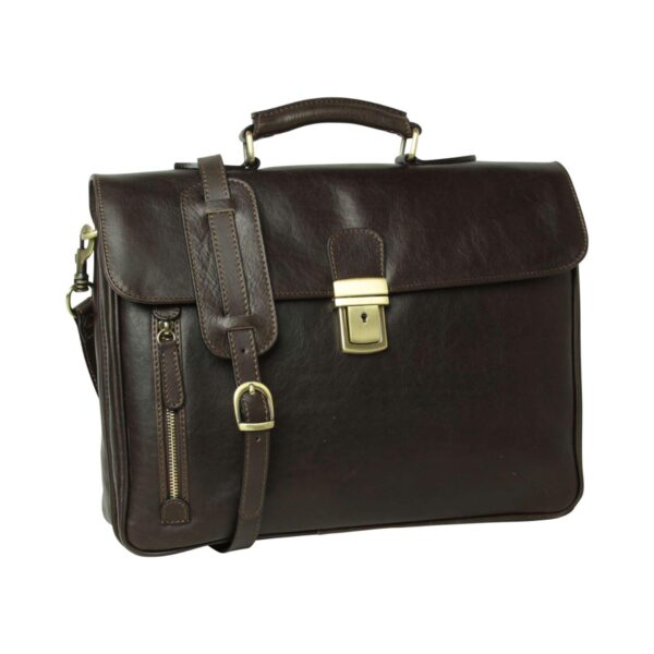 Front view of dark brown leather briefcase with shoulder strap, brass lock, and vertical zipper pocket
