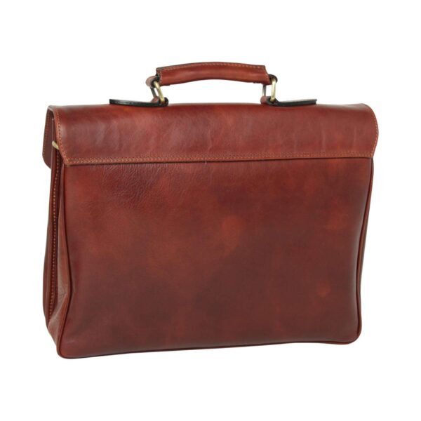 Back view of tan brown leather briefcase with top handle and brass hardware